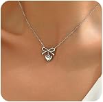 Gold Necklace for Women 18K Gold Plated Dainty Heart Bow Pendant Necklace CZ Bow Herringbone Chain Trendy Jewelry Gifts