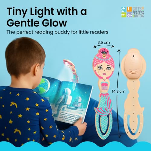 Image of Gifts for Readers & Writers Book Light for Kids, Clip On Reading Light for Bed, 2in1 Flexilight Pals & Bookmark, Small & Lightweight with a Soft Glow, 2 Batteries Included, Mermaid Teal