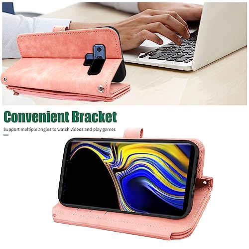 Image of Compatible with Samsung Galaxy Note 9 Wallet Case 9 Card Slots Retro Leather Flip Card Holder Stand Cell Accessories Strap Rugged Wrist Credit Purse Folio Phone Cover for Note9 Not S9 Women Men Pink