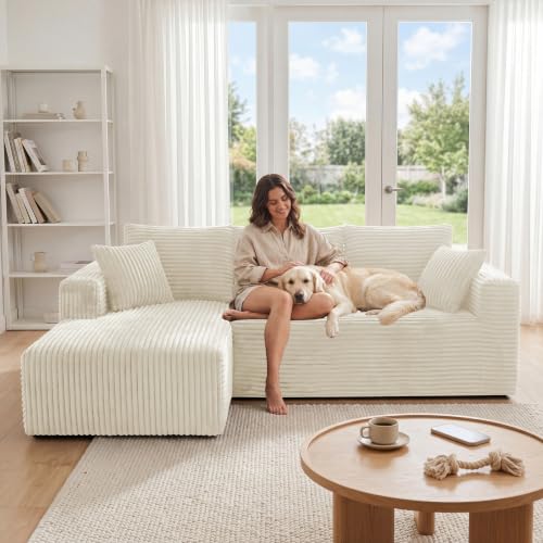 92.5" Modular Sectional Sofa, L-Shaped Cloud Couch with Deep Seat & Chaise,Corduroy Boneless Couches for Living Room/Bedroom/Small Space,No Need Assembly,Beige(Left Facing Chaise)