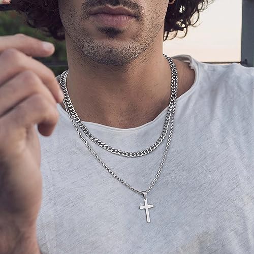Image of Ursteel Layered Cross Necklaces for Men - 18K Gold Plated Cross Necklaces Chain for Men Boys Gifts, Silver Rope Chain Layered Necklace Jewelry 16 18 20 22 24 Inch, First Communion Gifts for Boys