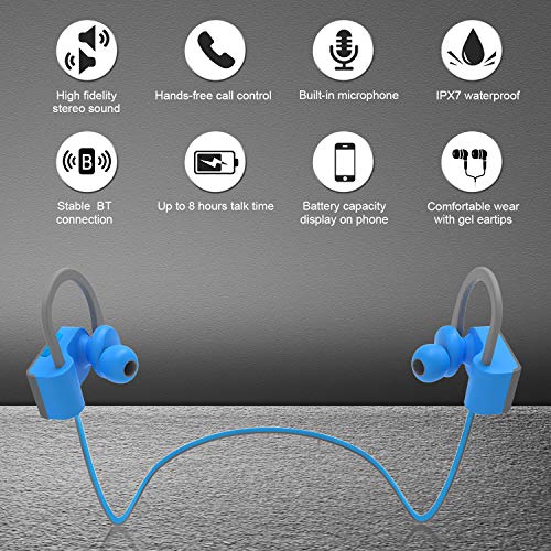 LETSCOM Bluetooth Headphones IPX7 Waterproof, Wireless Sport Earphones, Hifi Bass Stereo Sweatproof Earbuds W/Mic, Noise Cancelling Headset for Workout, Running, Gym, 8 Hours Play time