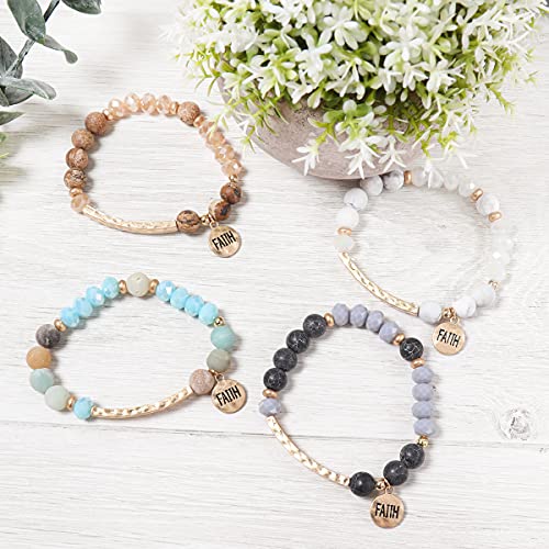 Image of RIAH FASHION Inspiration Engraved Bar Sparkly Crystal Bead Bracelet - Religious Christian Message Stretch Strand Cuff Bangle Lord, Amazing Grace, Philippians Bible