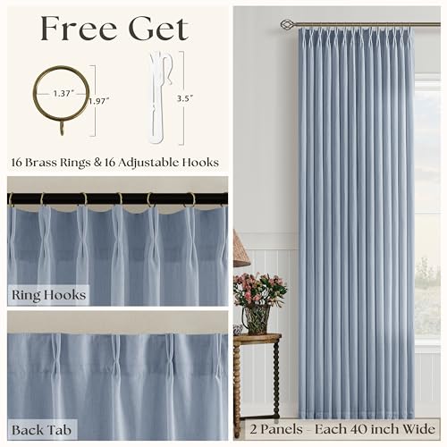 Image of Blue Gray Pinch Pleated Semi Sheer Linen Curtains 40x102 Inch | Dusty Blue, 102 inch Long, Light Filtering Privacy, Living Room, Burlap Textured, Drapes, Hook Rings Memory Shape, Coastal