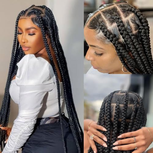 Fancy Hair Full Lace Jumbo Braided Wigs for Black Women Glueless Long Knotless Box Braided Wig for African American Women (Black, 32)