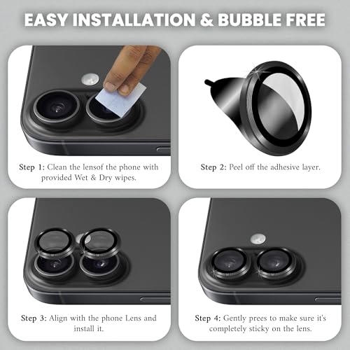 Image of ArmourPro Premium Camera Lens Protector Tempered Glass Compatible For iPhone 16 Plus and iPhone 16 Tough HD Individual Aluminum Alloy Rings 9H Camera Cover , Scratch-Resistant,Camera Lens Protection| Black