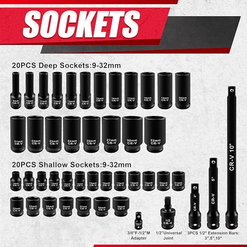 45pcs 1/2" Socket Set, Drive Deep and Shallow Impact Socket Set, Including 3 ", 5", 10" Impact Extension Bar, Universal Joint, Metric(9-32mm),6-Point,Cr-V Steel