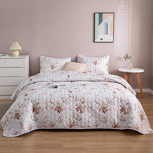 White Floral Quilt Set Flowers Bedspread Pastoral Style Flowers Printed Botanical Floral Bedding Sets Coverlet Twin 1 Quilt 1 Pillow Sham (Twin, White Floral)