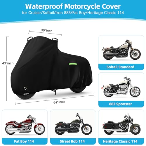 Image of Motorcycle Cover Waterproof for Cruiser Models /Softail Standard /Iron 883 /Heritage Classic 114 /Fat Boy 114, All Weather Sun Rain Outdoor Protection Motorbike Cover with Soft Cotton Lining & Storage Bag