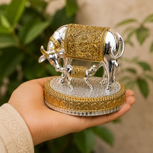 Image of KYAT Pure 999 Fine Silver Kamdhenu Cow with Calf Idol Elephant Pair (Kamdhenu Gold & Silver- 3.5'')