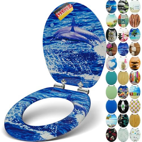 SANFINO® Premium WC Sitz mit Absenkautomatik – hochwertige Toilettendeckel aus Holz, viele bunte Motive, hoher Sitzkomfort, einfache Montage inklusive Montageanleitung – Dolphin
