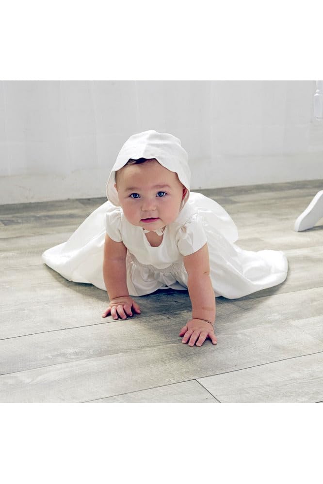 Carriage Boutique Baby Girls Scallop Dress Christening Baptism Gown with Matching Bonnet White