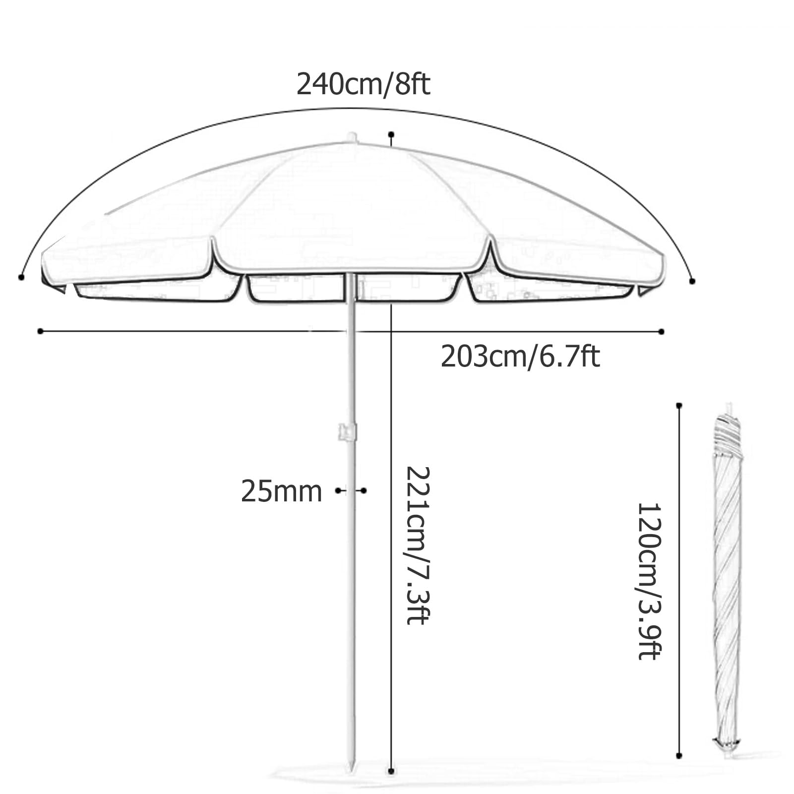 220/240/260 cm Strandschirm mit Sandanker, Hängehaken, Becherhalter, UPF 50+ Sonne schützen Tragbare Outdoor Sonnenschirm für Reisegarten Ln