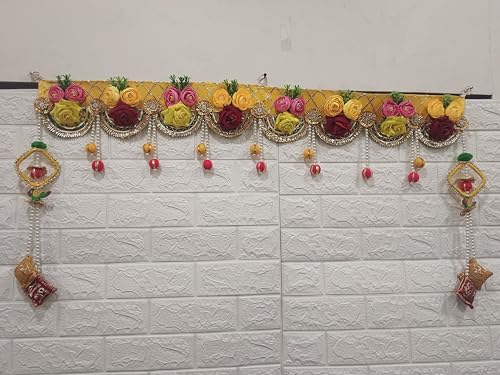 Image of Nutts Handmade Artificial Flower & Pom Pom Latkan with Shubh Labh Cushion Bandhanwar | Decorative Hanging Wedding,Home,Office, Festivals is Very Useful