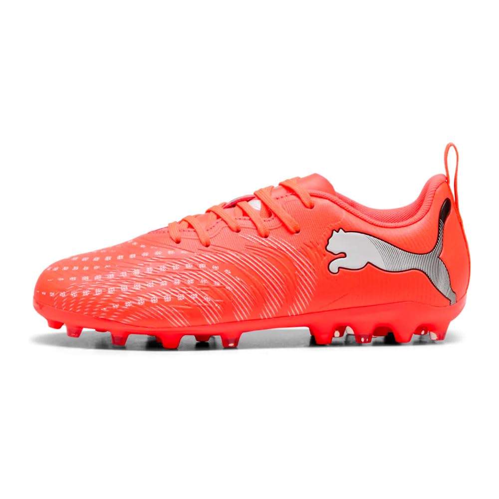 PUMA Future 9 Play MG JR Soccer Shoe, Glowing RED White Black Silver, 4 UK