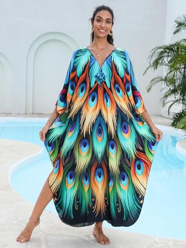 Image of IMAGEKOPE Women's Plus Size Animal Print V-Neck Batwing Kaftan Beach Dress Bathing Suit Cover-Up Loungewear