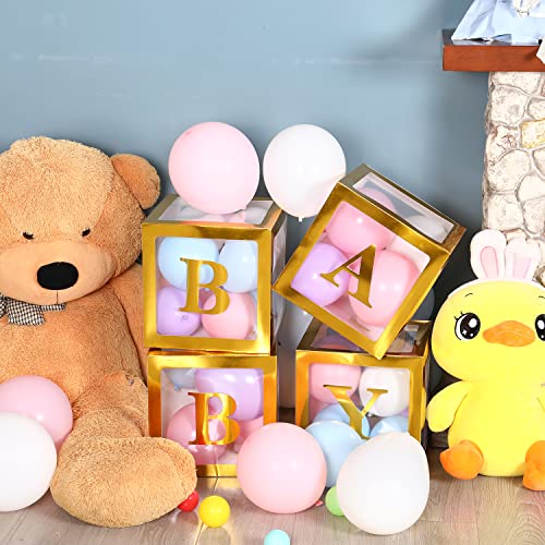 Image of Sooyee Gold Clear Baby Boxes with Letters for Baby Shower Birthday Party Decorations, Transparent Ballon Boxes Backdrop,Gender Reveal, Baby Blocks