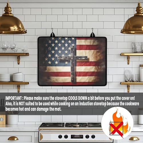 Image of Poceacles Stove Top Cover Ceramic Glass Stove Cover Mat Range Cover Versatile Oil Resistant Scratch Resistant Oven Mat Protector Expands Usable Space, Cross American Flag