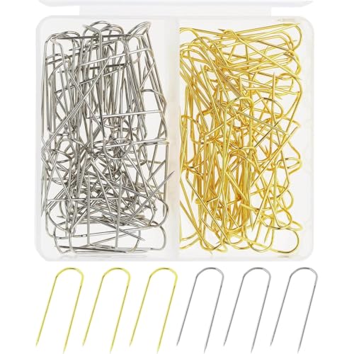120pcs Metal U Shaped Fork Pin for Knitting Sewing Multipurpose Straight Fixed Marker Quilting Double Blocking Stop Long Craft Needle for Fabric,Fixing,Plant,Display,Wig,Bouquets (Gold & Silver)