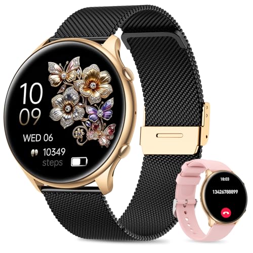Miecgth Smartwatch Damen Rund mit Telefonfunktion, 1.39' Zoll Touchscreen Fitness Tracker, mit Pulsuhr SpO2 Schlafmonitor Menstruationszyklus120+ Sportmodi Schrittzähler für iOS Android (Schwarz Gold)