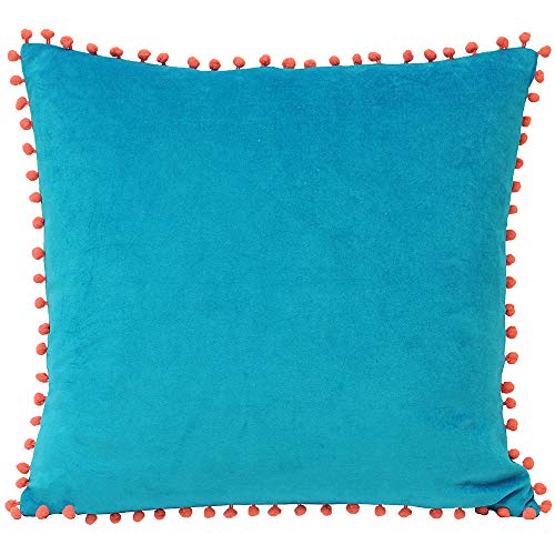 Riva Paoletti pompón Fundas de cojín de Terciopelo, Color Azul/Coral, 45 x 45 cm