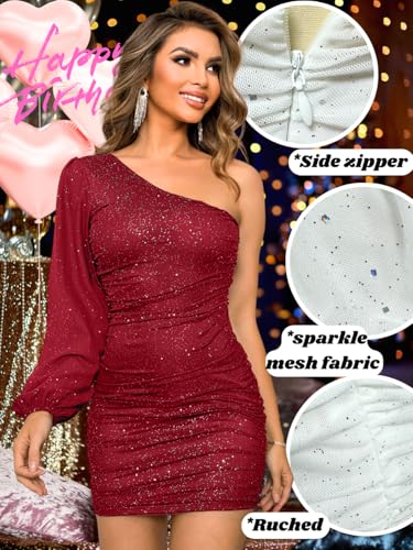 Image of ShawGobow Sparkly Outfits for Women,One Shoulder Ruched Bodycon Short Prom Dress,Sexy Dresses Cocktail Homecoming Nye