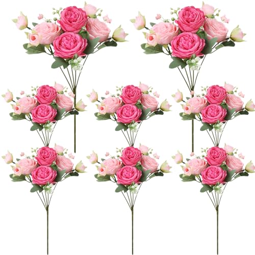 Image of 8 Pack Pink, Hot Pink Peonies Artificial Flowers, Fake Silk Hydrangea Bouquet for Bridal Wedding Home Table Decor Reusable Dining Opening Ceremony Birthday Arrangement Faux Floral