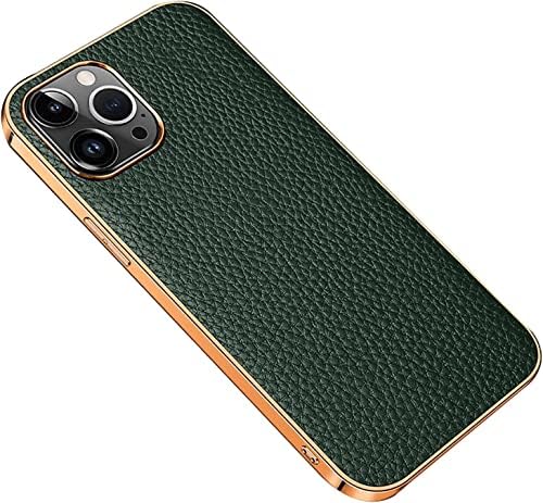 GANYUU Case for iPhone 14/14 Plus/14 Pro/14 Pro Max, Genuine Leather Slim Flexible Plated TPU Bumper Back Cover with Camera Protection Phone Case (Color : Green, Size : 14ProMax)