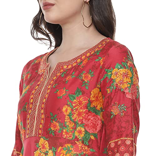 Image of BIBA Women's Fit and Flare Cotton Flared Fusion Printed Below The Knee Dress