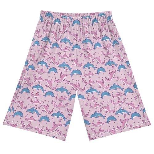 ALAZA Pink and Blue Whale Cartoon Youth Athletic Shorts for Boys and Girls Size 11-12 Years