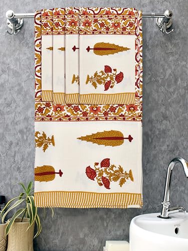 Image of Mafatlal Madhuban Cotton Waffle Set (1 Bath 147x76 cm + 4 Hand 76x38 cm) | 250 GSM | Hand Block Printed Floral | Bronze Mist