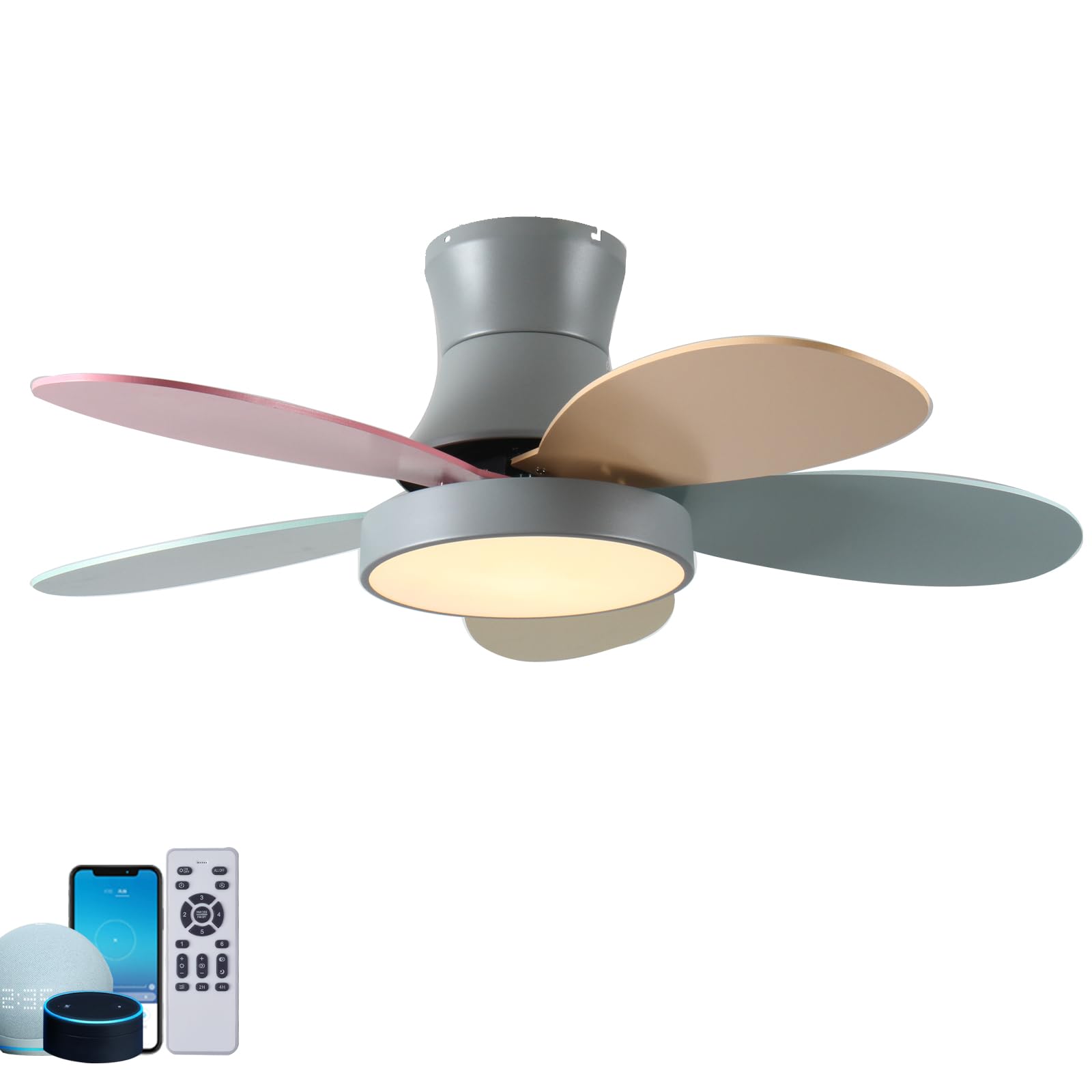 SXDMOUBK Intelligent Voice Ceiling Fans with Lights and Remote 35w Reversible Fan Light Ceiling 6 Speed Children's Room Mute Timer Light Bulb Fan Lde 2600 Lumens 10%~100% Dimmable-A||121cm/48 inch