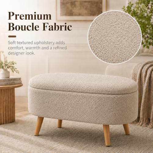 Image of Upholstered Ottoman Storage Bench, Premium Boucle Fabric, Heavy Duty 120 Kg Load Capacity, Multipurpose Seating for Living Room & Bedroom, Stone Beige