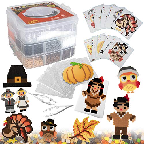 8,000pc DIY Thanksgiving Fuse Bead Craft Kit - 15 Colors, 10 Unique Templates, 4 Peg Boards, Tweezers, Ironing Paper, Case - Works w Perler Beads, Pixel Art - Perfect Thanksgiving Party Craft kit