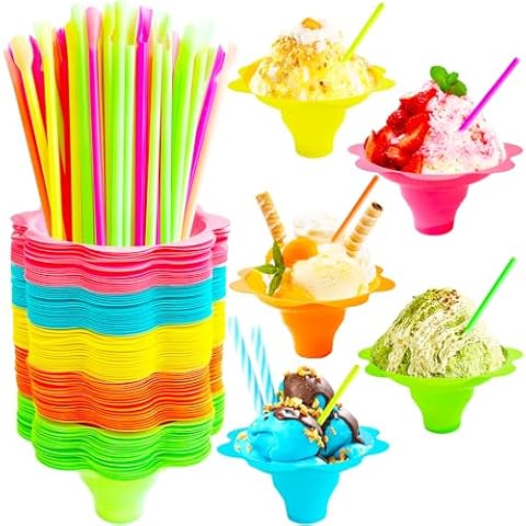 Haawooky 200Pcs 4oz Snow Cone Cups with Spoon Straws,Flower Shaped Ice Cream Snacks Cup,Colorful Reusable Plastic Bowls Easy Grip for Kids Holiday Summer Beach Party Birthday Cover
