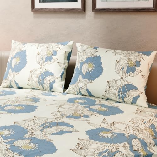 Image of BLISSHOME SoftTouch 140TC Cotton King Size Printed Bedsheet with 2 Pillow Covers for Double Bed, Silky Smooth Bedding Set, Breathable, Easy Maintain, Floral Print - Ivory, Blue