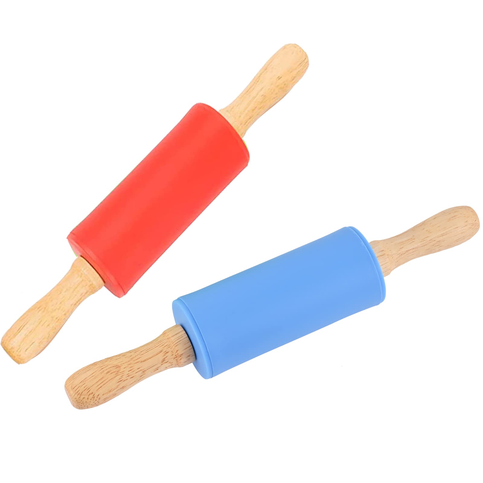 Honglida 9 Inch Silicone Rolling Pin for Kids, Non-Stick Surface and Comfortable Wood Handles(Pack of 2) (Blue and Red)