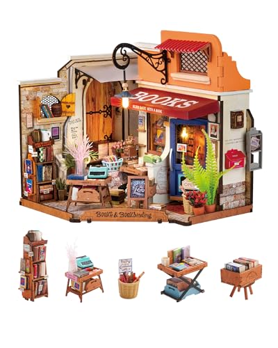 Rolife Doll House Corner Bookstore with LED Lights DIY Miniature House Kit Dollhouse Wooden Model Kit with Furniture 3D Puzzles for Children and Adults