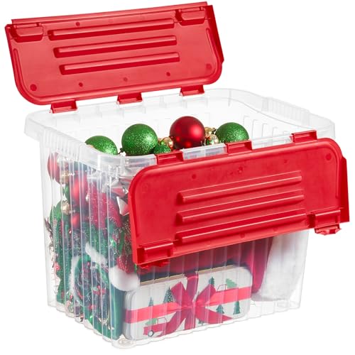 Image of Superio Red Storage Box with Red Hinged Lids, Plastic Container Bins for Organizing with Attached Lid, Stackable Crates, BPA Free, Organizers for Home and Office, 27.5 Quart (17 inchx11.65 inchx12.25)