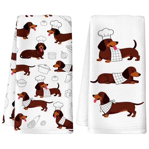 Image of Clyrax 2Pcs Sausage Dog Tea Towels, Dachshund Master Chef Microfibre Kitchen Hand Towels, Dog Owner Gifts for Women, Absorbent Fast Drying Decorative Towel for Kitchen, 40x60cm