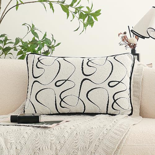 Johnier Black Boho Textured Abstract Throw Pillow Cover, Geometric Minimalist 12x20" Sham