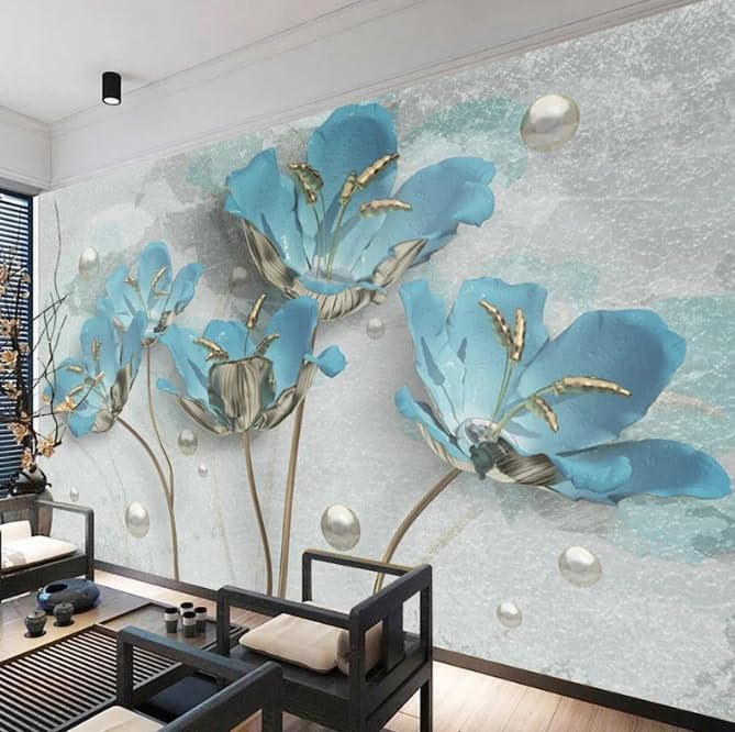 Papier peint 3D salon style européen fleur bleue déco cocooning