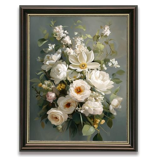 Brown Frame White Floral Wall Art Canvas Print, Vintage Botanical