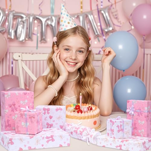 Image of Larcenciel Pink Tissue Paper for Packaging, Bow Balloon Gift Wrap Tissue Paper for Gift Bags, Boxes & Crafts, Pretty Packing Supplies for Birthday, Wedding, Anniversary, Holiday, 60 Sheets 20x14in