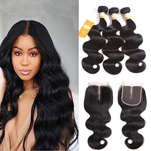 Ossilee Hair Body Wave Bundles with Closure 4X4 Lace Closure with Bundles Malaysian Virgin Hair 3 Bundles with Lace Closure (20 22 24+18 Closure, Middle Part)