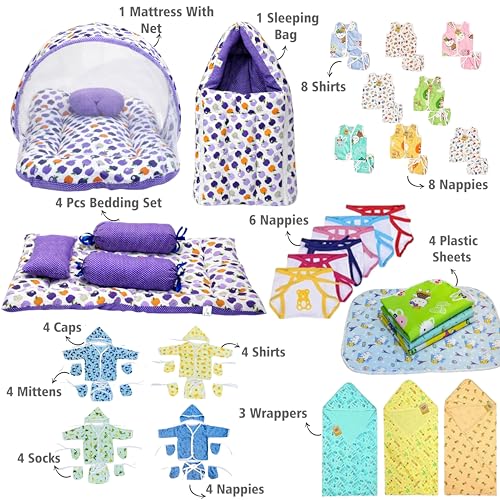 Image of Infantbond 56 In 1 Baby Products All New Born Combo|Gift Set|Baby Essentials|Hospital Kit|Baby Clothes|Maternity Essentials|Complete Daily Items Combo(0-6 Months) (Purple For Baby Boy & Baby Girl)