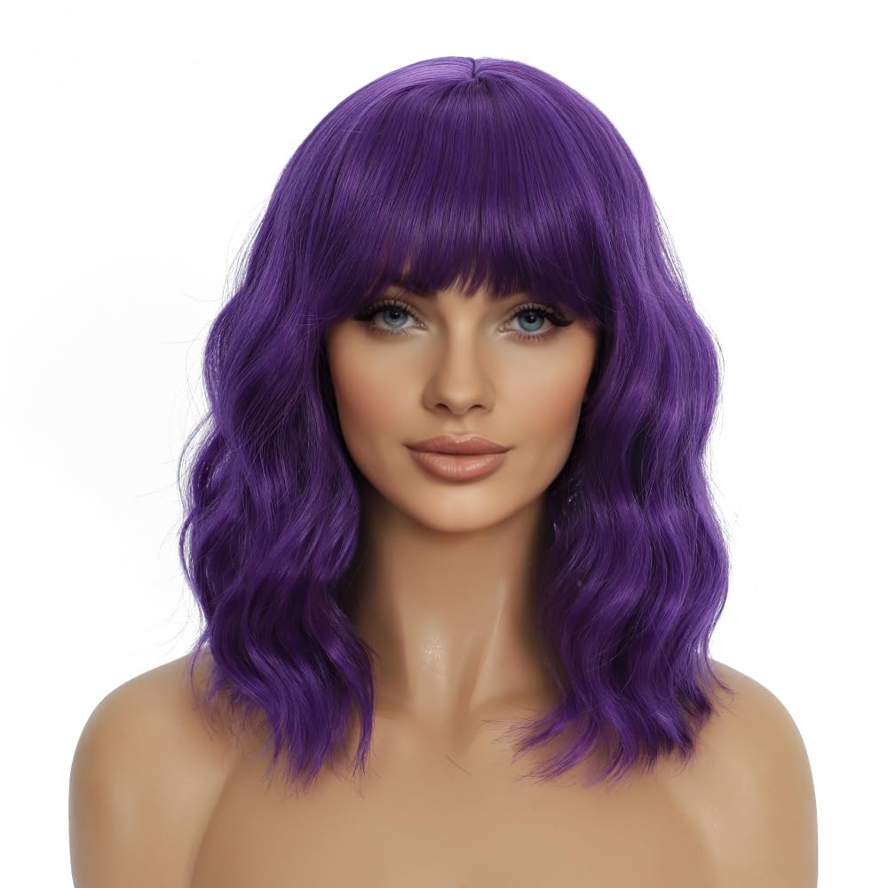 Dark Purple Wigs with Bangs for Women 14 Inch Short Wavy Bob Wigs Synthetic Bob Wig Curly Wig Heat Resistant Colorful Wavy Wig Cosplay Wigs For Daily Party Halloween