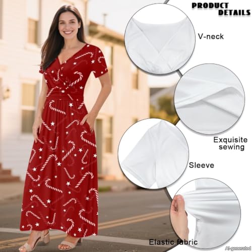 Image of Women's Fall Summer Short Sleeve Ankle Length V-Neck Party Dress with Pockets Size S-3XL