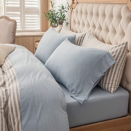 PURE ERA Jersey Knit 4pc Bed Sheet Set 100% T-Shirt Heather Cotton Super Soft Comfy Breathable Fits Mattress Up to 20" Extra Deep Pocket (Solid Light Blue, King)