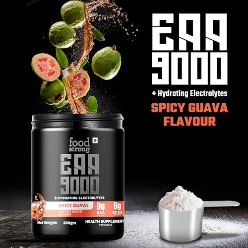 Image of Foodstrong EAA 9000 with Hydrating Electrolytes, Spicy Guava Flavour, 9g Essential Amino Acids (EAA) & 6g BCAA Per Serving - Supports Muscle Recovery & Rehydration - 300g, 25 Servings